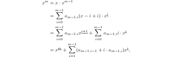 
\begin{align*}
x^m&=x\cdot x^{m-1}\\
&=\sum_{i=0}^{m-1}a_{m-1,i}(x-i+i)\cdot x^{\underline{i}}\\
&=\sum_{i=0}^{m-1}a_{m-1,i}x^{\underline{i+1}}+\sum_{i=0}^{m-1}a_{m-1,i}i\cdot x^{\underline{i}}\\
&=x^{\underline{m}}+\sum_{i=1}^{m-1}(a_{m-1,i-1}+i\cdot a_{m-1,i})x^{\underline{i}},
\end{align*}
